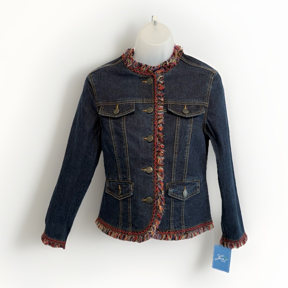 Lark Lane Women's Blue Denim Jacket Size 8P NWT Zip W/ Fringe NWT
